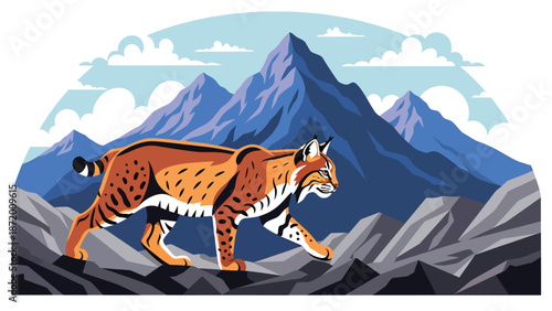Wild cat walking across rocky terrain in a natural landscape, flat vector illustration with solid colors and clean outlines, strong wildlife presence for nature concepts