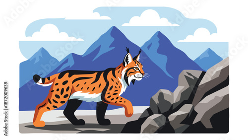 Wild cat walking across rocky terrain in a natural landscape, flat vector illustration with solid colors and clean outlines, strong wildlife presence for nature concepts