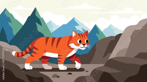 Wild cat walking across rocky terrain in a natural landscape, flat vector illustration with solid colors and clean outlines, strong wildlife presence for nature concepts