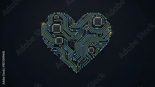 Circuit board heart design with green wiring on black background