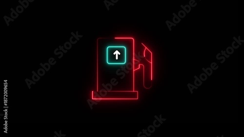 neon gas station icon animation,glowing neon gasoline pump nozzle icon isolated on black background, Fuel pump petrol station. oil pump nozzle icon animation, 4k video footage.