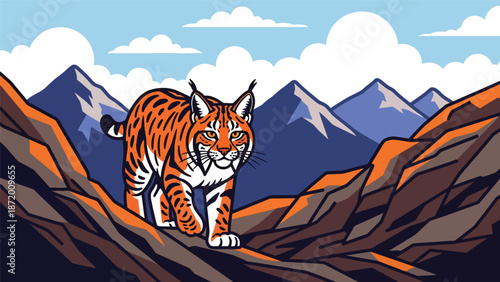 Wild cat walking across rocky terrain in a natural landscape, flat vector illustration with solid colors and clean outlines, strong wildlife presence for nature concepts