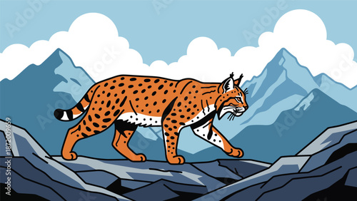 Wild cat walking across rocky terrain in a natural landscape, flat vector illustration with solid colors and clean outlines, strong wildlife presence for nature concepts