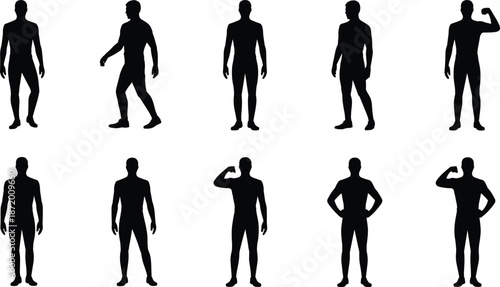 Ten black silhouettes of men in different standing poses, some flexing muscles and one walking Keywords: silhouette, man, male