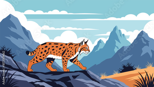 Wild cat walking across rocky terrain in a natural landscape, flat vector illustration with solid colors and clean outlines, strong wildlife presence for nature concepts