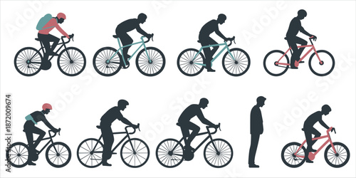 Ten Cyclist Silhouettes in Various Poses and Bicycle Colors bike rider