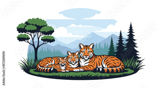 Wild cat family resting together in a peaceful natural habitat, flat vector illustration with solid colors and clean outlines, warm wildlife bonding scene for animal themes