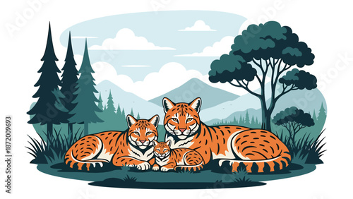 Wild cat family resting together in a peaceful natural habitat, flat vector illustration with solid colors and clean outlines, warm wildlife bonding scene for animal themes