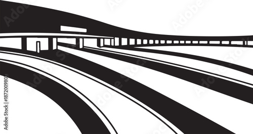 Monochromatic illustration of a train on curved tracks