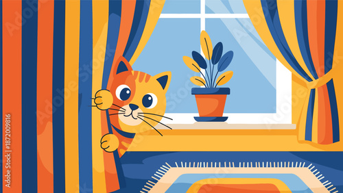 Playful cat hiding behind curtains during indoor playtime, flat vector illustration with solid colors and clean outlines, fun pet behavior scene ideal for cozy home lifestyle visuals