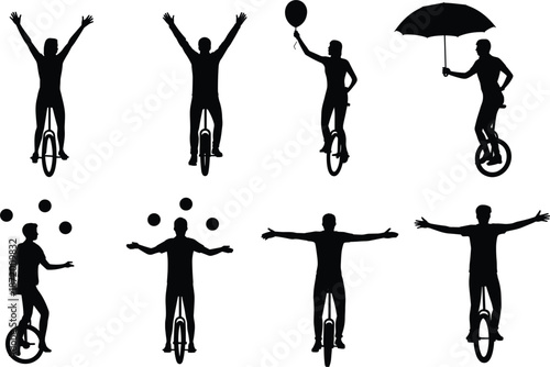 Unicyclist and Juggler Silhouettes Performing Actions on White Background unicycle juggling