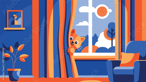 Playful cat hiding behind curtains during indoor playtime, flat vector illustration with solid colors and clean outlines, fun pet behavior scene ideal for cozy home lifestyle visuals