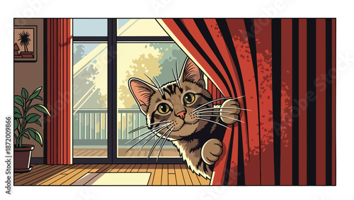 Playful cat hiding behind curtains during indoor playtime, flat vector illustration with solid colors and clean outlines, fun pet behavior scene ideal for cozy home lifestyle visuals