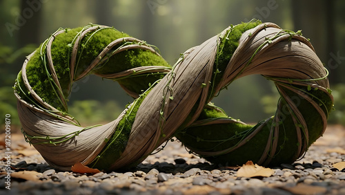 Moss covered wooden sculpture in forest setting
