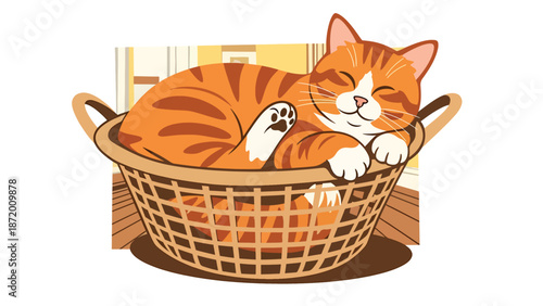 Cute domestic cat resting inside a laundry basket, flat vector illustration with solid colors and clean outlines, cozy pet lifestyle scene perfect for home comfort concepts