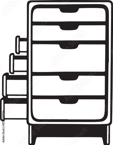 Simple black and white illustration of stacked drawers