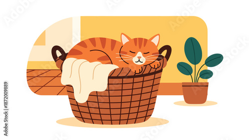 Cute domestic cat resting inside a laundry basket, flat vector illustration with solid colors and clean outlines, cozy pet lifestyle scene perfect for home comfort concepts