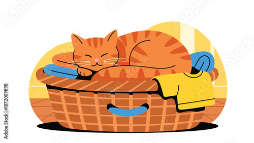 Cute domestic cat resting inside a laundry basket, flat vector illustration with solid colors and clean outlines, cozy pet lifestyle scene perfect for home comfort concepts