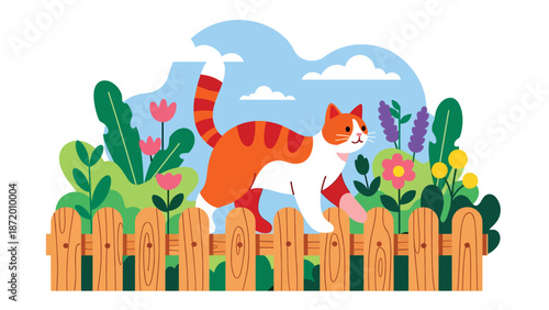Pet cat walking along a garden fence in a suburban outdoor setting, flat vector illustration with solid colors and clean outlines, calm everyday pet activity scene