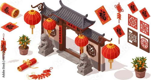 Chinese gate lanterns red decorations courtyard