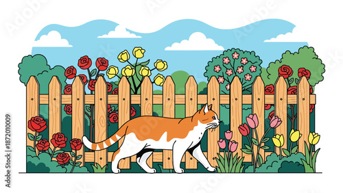 Pet cat walking along a garden fence in a suburban outdoor setting, flat vector illustration with solid colors and clean outlines, calm everyday pet activity scene