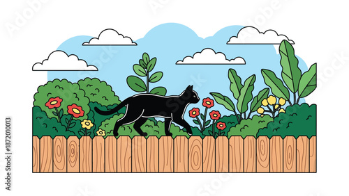 Pet cat walking along a garden fence in a suburban outdoor setting, flat vector illustration with solid colors and clean outlines, calm everyday pet activity scene