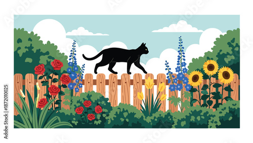 Pet cat walking along a garden fence in a suburban outdoor setting, flat vector illustration with solid colors and clean outlines, calm everyday pet activity scene