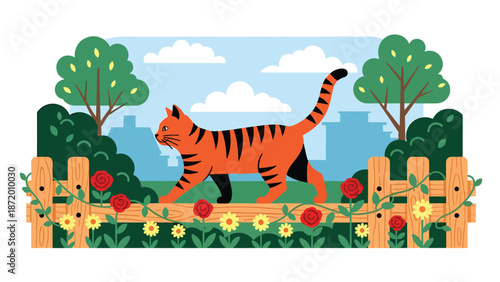 Pet cat walking along a garden fence in a suburban outdoor setting, flat vector illustration with solid colors and clean outlines, calm everyday pet activity scene