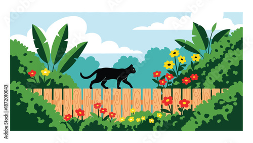 Pet cat walking along a garden fence in a suburban outdoor setting, flat vector illustration with solid colors and clean outlines, calm everyday pet activity scene
