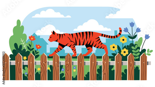 Pet cat walking along a garden fence in a suburban outdoor setting, flat vector illustration with solid colors and clean outlines, calm everyday pet activity scene