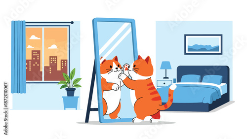 Curious cat playing with its reflection in a mirror, flat vector illustration with solid colors and clean outlines, humorous indoor pet behavior scene for lifestyle visuals
