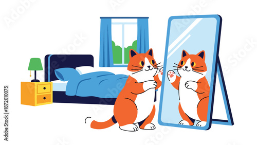 Curious cat playing with its reflection in a mirror, flat vector illustration with solid colors and clean outlines, humorous indoor pet behavior scene for lifestyle visuals