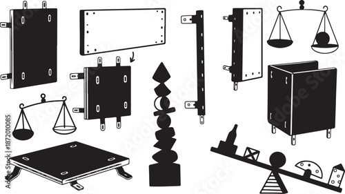 Black and white balance scales icons set illustration