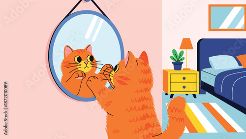 Curious cat playing with its reflection in a mirror, flat vector illustration with solid colors and clean outlines, humorous indoor pet behavior scene for lifestyle visuals