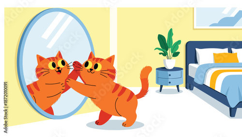Curious cat playing with its reflection in a mirror, flat vector illustration with solid colors and clean outlines, humorous indoor pet behavior scene for lifestyle visuals