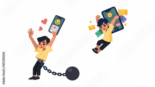 Two joyful people liberated by mobile technology and social media