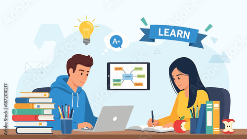 Students learning online on laptop and tablet with books and lightbulb idea