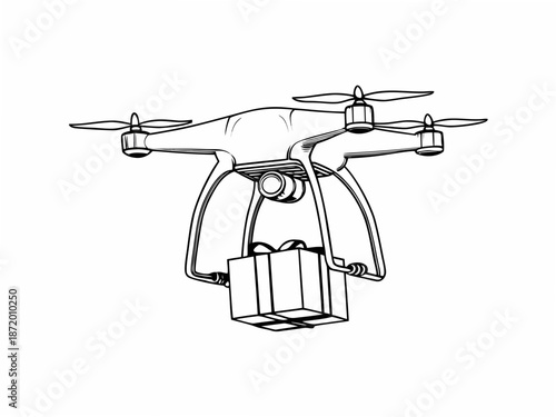 Drone delivering a package in the air with propellers spinning