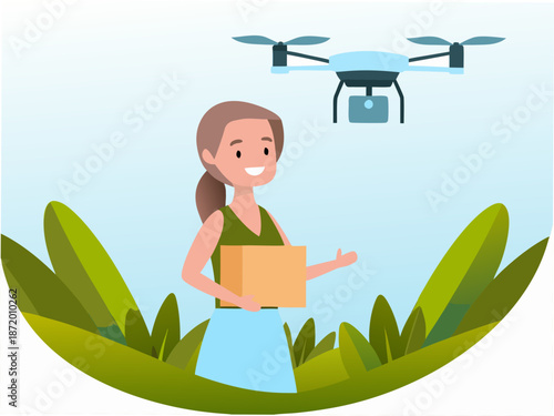 Woman holding package with drone delivering goods in green landscape