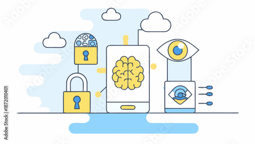 Modern technology and security concept with brain and eye icons