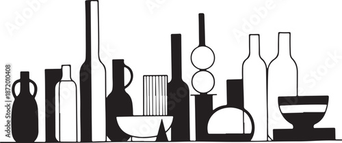 Black and white kitchen utensils and dishes illustration