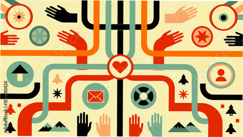 Vibrant network illustration with connected hands and symbols