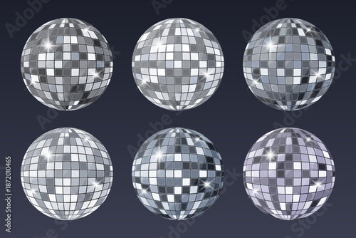 Six shiny disco balls in different chrome shades light, dark, gunmetal, blue steel, lavender, and platinum reflecting light on a dark blue gradient background. Perfect for party, dance, club, and cele