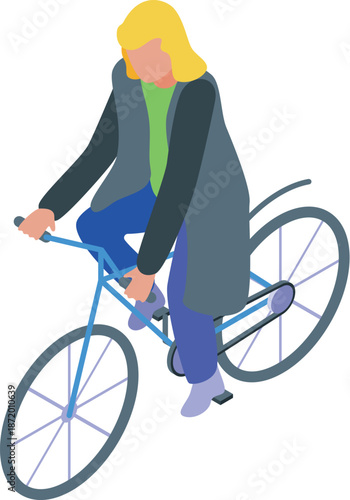 Young woman riding a blue bicycle in isometric view, enjoying a leisurely ride