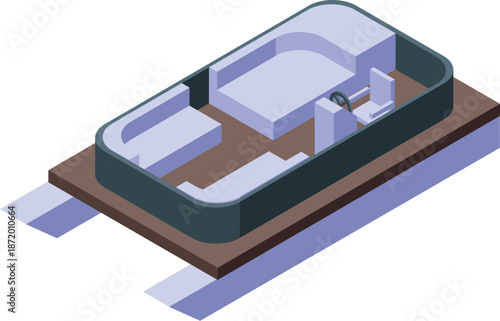 Isometric view of a pedal boat, featuring a steering wheel and seats, ideal for leisurely water activities