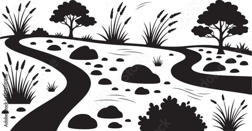 Serene black and white landscape with winding path illustration