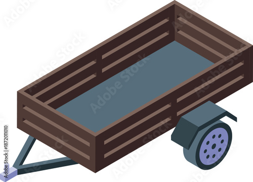 Isometric view of an empty wooden farm trailer, ready for transporting goods or materials