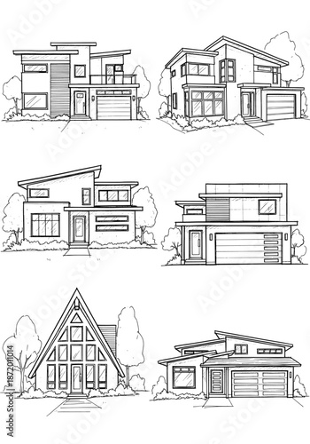 A collection of modern and A-frame house outlines, showcasing diverse architectural styles with simple lines and minimalist landscaping elements