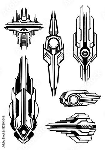 A set of abstract futuristic spaceship and technological emblem designs featuring a gritty hand-drawn style, perfect for science fiction themes and digital art backgrounds