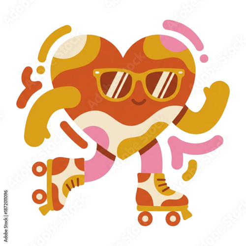 A vibrant heart character skates dynamically with roller skates, wearing sunglasses, in a playful illustration scene